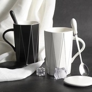 陶瓷杯简约马克杯带盖勺喝水杯，高档咖啡杯情侣，办公室家用男生水杯