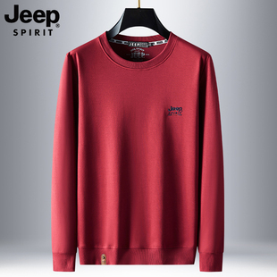 jeep吉普卫衣男春秋款中年，爸爸圆领红色，上衣男士休闲运动长袖t恤