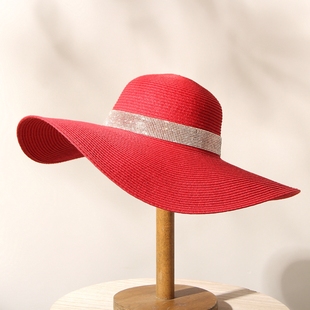 夏季红色草帽女英伦可折叠海边水钻沙滩帽咖啡大帽檐防晒遮阳帽子