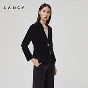 LANCY/朗姿丝绒黑色翻领西装外套女2022秋季高级收腰显瘦西服