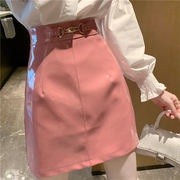 大码黑色小皮裙女秋季2021韩版高腰粉色pu亮皮包，臀短裙a字半身裙