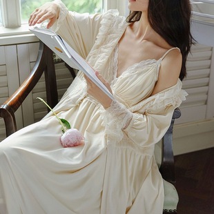 法式纯棉睡裙女蕾丝公主，吊带两件套甜美仙女睡衣长款新婚晨袍
