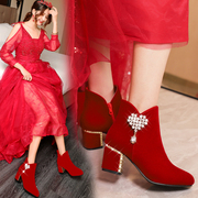 冬季婚鞋女2023红色高跟鞋，粗跟结婚秀禾服婚纱两穿中跟新娘鞋