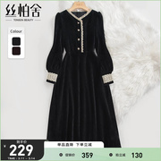 丝柏舍法式复古黑色，连衣裙2023秋装女蕾丝，拼接气质丝绒中长裙
