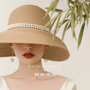 赫本风法式珍珠草帽夏季防晒遮阳大檐帽子女礼帽旅游海边沙滩帽