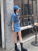 韩国东大门女装秋季复古气质，收腰显瘦单排扣牛仔连衣裙