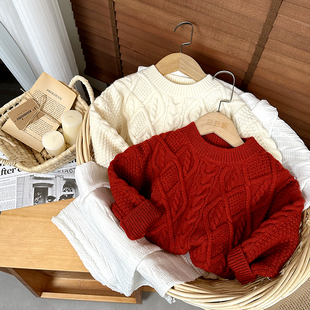 自留！儿童红色毛衣冬季男孩过年服1-3岁女宝宝米白色内搭针织衫