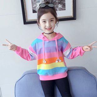 女童春装t恤2023韩版中大童连帽彩虹条纹，长袖拼色女孩卫衣潮