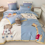 卡通长颈鹿刺绣120支纯棉，四件套全棉贡缎床单，可爱男孩房床上用品