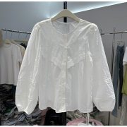 法式圆领蕾丝刺绣镂空设计纯棉灯笼袖小衫上衣，春季娃娃衫衬衫