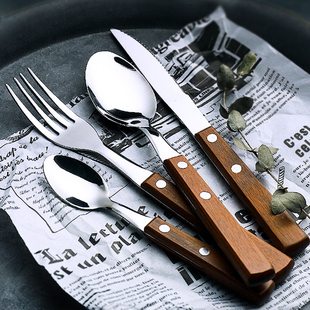 木柄叉勺304不锈钢西餐，牛排叉套装家用铁板烧，牛扒料理餐具