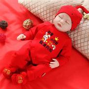 满月宝宝衣服婴儿红色连体衣春秋季新生女男孩百天百岁宴初生