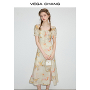 vegachang印花连衣裙，女2024年夏季法式小众，方领泡泡袖长裙子