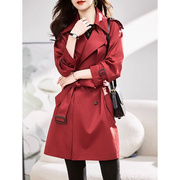 风衣外套女春秋，2023中长款红色修身显瘦气质双排，扣高级感大衣