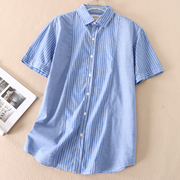 出口单 夏季蓝色短袖棉质衬衫商务风细条纹大码衬衣男装 WA1470