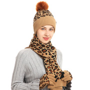 欧美秋冬针织帽套装女豹纹，保暖毛线帽子围巾手套三件套beaniehat