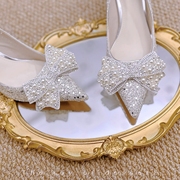 银白色亮片蝴蝶结婚鞋!婚纱新娘，拍照高跟单鞋，订婚晚宴礼服配旗袍
