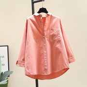 皮粉色衬衫女长袖2024年夏季韩版宽松单口袋纯色休闲衬衣春装
