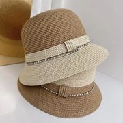 珍珠样式锁边小清新可爱优雅拼色夏季女士草编草帽盆帽遮阳帽子