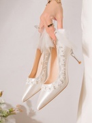 婚鞋女外穿高跟鞋细跟2023秋季新不累(新不累)脚单鞋，新娘鞋粗跟白色婚纱鞋