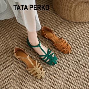 TATA PERKO联名女鞋艺风T字型包头凉鞋女平底镂空编织粗跟凉鞋