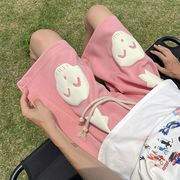 粉色骷髅印花休闲短裤男夏季美式高街潮牌大码重磅针织运动五分裤