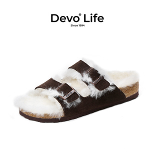Devo/的沃女休闲外穿加毛内里保暖外穿加绒冬季一字软木拖鞋56018