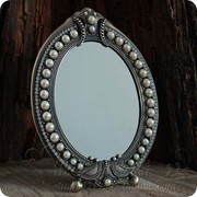 欧式仿古台式化妆镜子，青古铜色公主化妆镜珍珠，椭圆梳妆镜台镜
