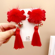 中国风儿童汉服流苏红色头饰，发夹女童宝宝，红色毛球古风新年发饰