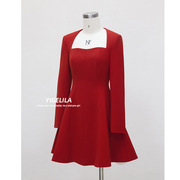 订货款宴会礼服红色方领收腰长袖A版短款连衣裙67074+67191
