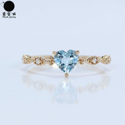 18k玫瑰金天然(金天然)海，蓝宝石心形复古戒指5mm天空，蓝镶钻石尾戒指环女