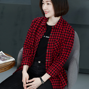 韩版全棉黑白红色格子衬衫女长袖，宽松胖mm大码外穿纯棉百搭衬衣