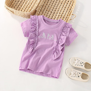 儿童纯棉短袖T恤女童夏装半袖紫色花边可爱上衣2 3 4 5 6 7岁