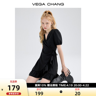 vegachang荷叶边赫本裙子女，夏装韩版设计感显瘦气质连衣裙