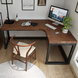 欧式实木办公桌卧室铁艺原木转角电脑桌台式直角桌 轻奢转角书桌