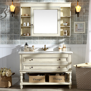 美式浴室柜组合实木落地式岩板洗脸盆池洗漱台镜，柜卫生间洗手盆柜