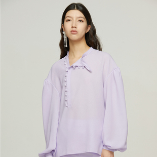 GNAY副线春夏淡紫色日本进口面料侧扣花苞袖古典雪纺上衣