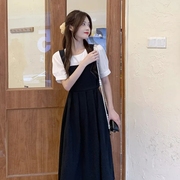 宿本2024连衣裙女夏季假两件高级感裙子法式复古小黑裙背带裙长裙