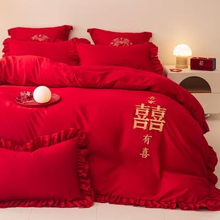结婚红色床罩四件套婚庆床上用品，喜被刺绣，婚嫁被套花边床裙款新婚
