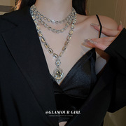 镶钻多层长方形水滴吊坠项链，时尚欧美夸张锁骨链，气质高级感项饰女
