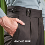 吉约蒙100%纯羊毛那不勒斯西裤，男咖色直筒修身商务巴黎扣高腰裤子