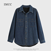imcc设计感小众高级深蓝色，加绒牛仔衬衫，女冬宽松加厚翻领打底上衣