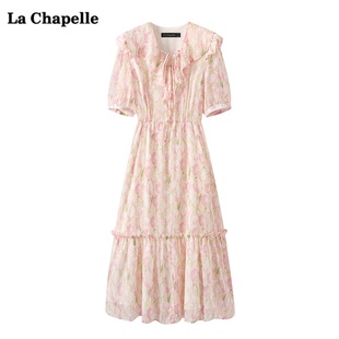 拉夏贝尔/La Chapelle夏季荷叶领雪纺短袖连衣裙女中长款碎花裙子