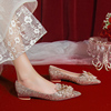 结婚鞋子女孕妇平底新娘鞋，香槟色水晶公主，婚纱两穿不累脚高级感