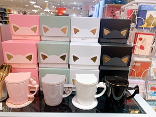 日本francfranc可爱餐具猫咪马克杯，带盖咖啡杯礼盒包装270ml