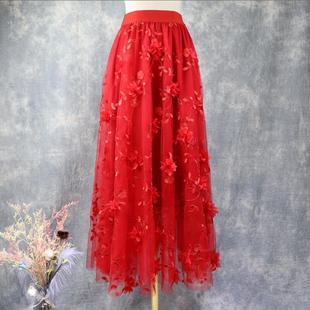 2023春夏红色刺绣订花网纱，半身裙松紧腰中长款蓬蓬裙大摆纱裙