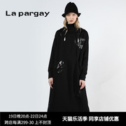 lapargay纳帕佳女秋季黑白色，长袖修身中长款针织连衣裙潮