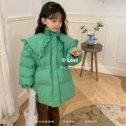 韩版儿童外套冬季新女童(新女童，)洋气大翻领木，耳边绿色收腰显瘦保暖羽绒服