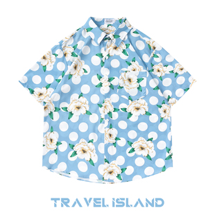 travelisland清新浅蓝色波点花朵，满印情侣夏威夷风短袖衬衫ins