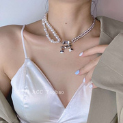 众小水晶蝴蝶结项链2021年女夏高级感水钻珍珠拼接锁骨颈链潮